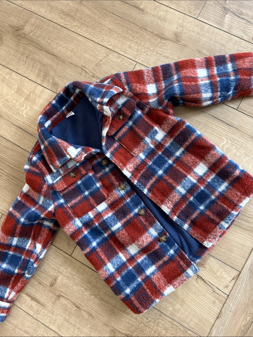 Carter's Red, Navy & White Plaid Fuzzy Button Jacket